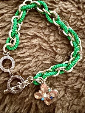 Vera Bradley Bright Green Braided Chain Charm Bracelet with Flower Pendant